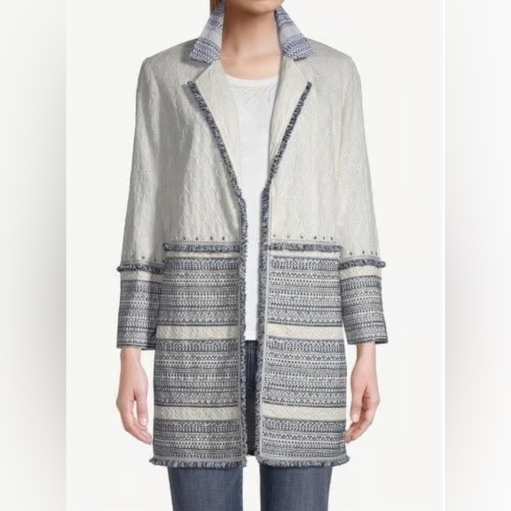 CHICO'S Embellished Cotton Eyelet Jacket White Blue Fringe